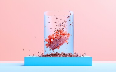 Poster - Orange Abstract Form in Glass Cylinder with Brown Particles on Pastel Pink and Blue Background
