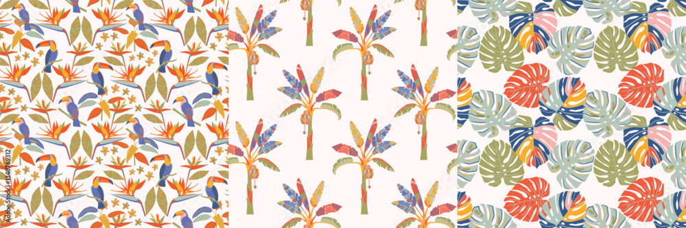 Tropical theme seamless pattern set of 3. Colorful abstract banana tree ...