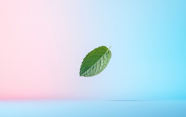 Poster - Single Pixelated Green Leaf Levitating on Gradient Pink and Blue Background