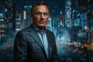 Poster - Confident Middle-Aged Man in Stylish Suit Poses Against Cityscape, Radiating Power and Success