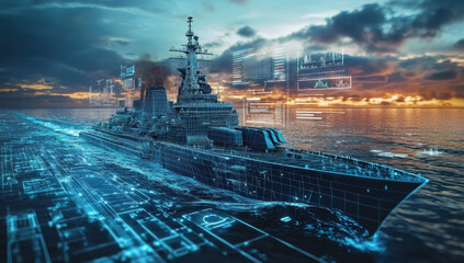 a naval vessel navigates the ocean, showcasing twin technology integrated for enhanced operational c