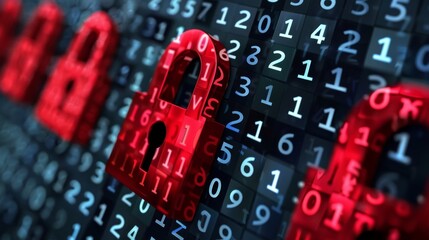 Poster - Digital security measures highlighted by red locks over binary code in a cybersecurity landscape
