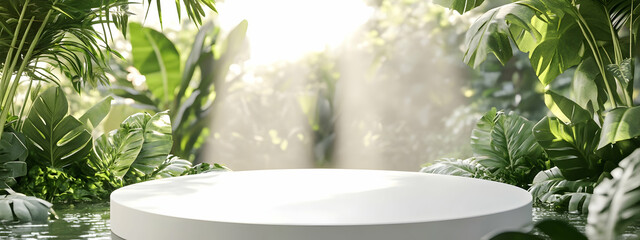 Poster - A white, round podium with a tropical jungle in the background