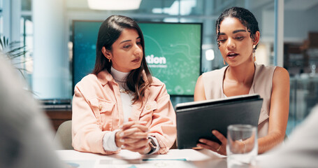 Poster - Discussion, teamwork and people with tablet, business and review of ad campaign performance and media manager. Serious, tech and digital marketing in office, website and collaboration in meeting