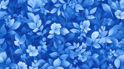 Aufkleber - A vibrant blue floral pattern featuring various leaves and flowers, creating a soothing and artistic design, Denim Texture woven  seamless.