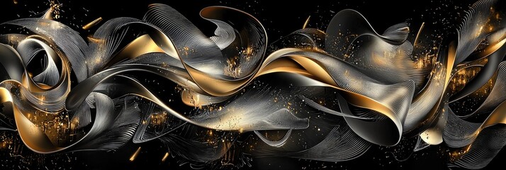 Fototapete - Abstract gold and silver swirling shapes on a black background