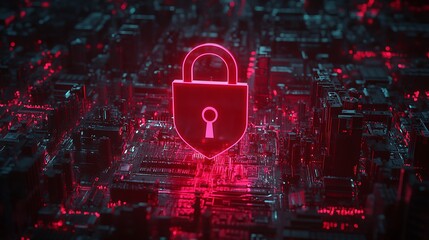 Poster - digital security concept with glowing pink padlock above a circuit board background in a futuristic 