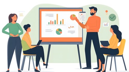 Poster - A modern business meeting scene featuring colleagues engaged in a presentation with graphs and charts. The diverse team uses laptops while discussing strategies and ideas.
