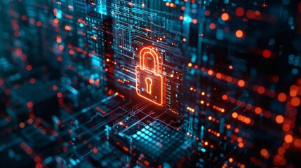 Poster - Cybersecurity visual: glowing padlock on a digital circuit board with a futuristic backdrop