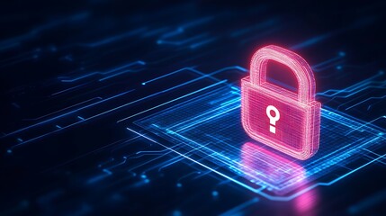 Poster - Digital Security Concept with Neon Lock Symbol on Abstract Background Representing Data Protection