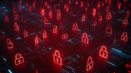 Poster - Digital Security Concept with Neon Red Locks Representing Cyber Protection and Data Safety in Technology Environment