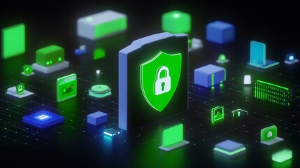 Poster - digital security concepts with shield icon and technology icons in green color on dark background