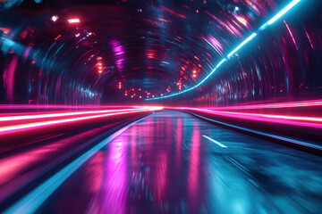 Poster - Neon-lit tunnel road at night with vibrant pink and blue lights streaking past.