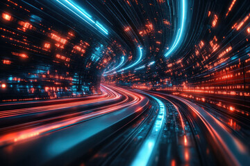 Poster - A futuristic highway tunnel with vibrant neon lights streaks, representing high-speed data transfer.