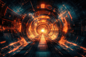Poster - A futuristic digital tunnel with glowing orange and teal circuits, leading to a bright light at the end.