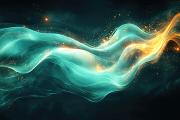 Poster - Abstract teal and gold glowing wave with sparkling particles, ethereal and dreamy.