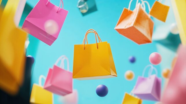 Vibrant shopping bags float playfully against a soft blue backdrop, a burst of color and consumer joy, perfect for retail and promotional imagery