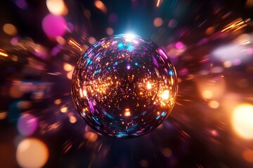 Poster - disco ball spins, casting vibrant reflections, a dazzling nightclub panorama of festive celebration