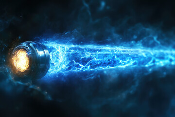 Poster - A futuristic energy cell, glowing with intense blue plasma, streaks across a dark background.