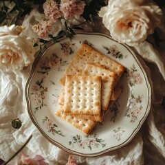 Poster - Nostalgic display featuring crackers on a floral plate surrounded by beautiful roses and soft natural light aesthetic