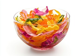 Aufkleber - Colorful Floral petals Inside a Glass Bowl on White Backdrop Delicate Botanical Arrangement  Elegant Floral Petals Presentation Isolated