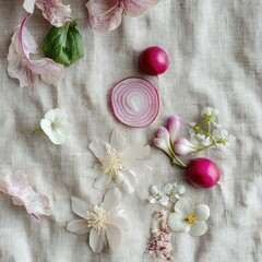 Poster - Aesthetic Still Life with Pink Radishes White Flowers and Onion on a Linen Background