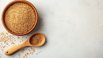 Aufkleber - Sesame seeds in wooden bowl and spoon on bright neutral textured background food photography