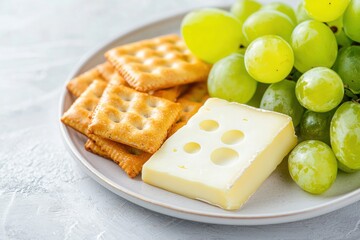 Poster - Elegant Still Life of Gourmet Cheese Grapes and Crackers on Modern Plate Food Still Life Studio Shot