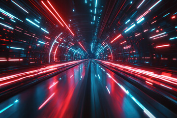 Poster - A futuristic tunnel with vibrant red and blue neon lights, creating a dynamic and energetic atmosphere.
