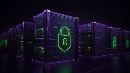 Poster - Secure Data Storage with Neon Lock and Server Racks Representing Cybersecurity Concept in Digital Era