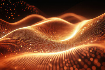 Poster - Abstract glowing orange wave, digital particles forming a flowing landscape of light and energy.