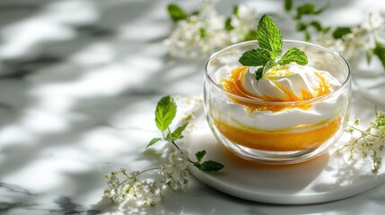 Aufkleber - Refreshing delight creamy yogurt dessert with sweet mango compote and fresh mint leaves in elegant glass bowl on marble