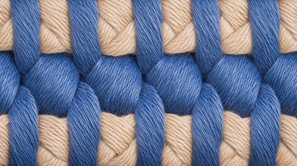 Poster - A close-up view of intertwined blue and beige fibers, showcasing intricate weaving patterns and textures, Denim Texture woven seamless.