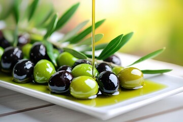 Poster - Fresh Olives on Plate Drizzled With Oil Bright Daylight Delicious Mediterranean Taste Green and Black Olives
