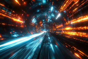 Poster - High-speed travel through a futuristic tunnel with vibrant orange and blue lights.