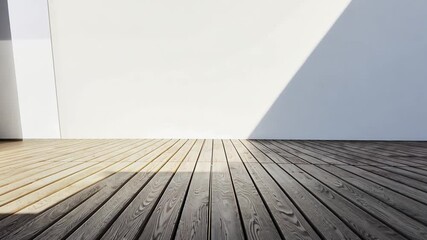 Poster - minimalist modern interior design with wooden floor and sunlight casting shadows on blank wall for c