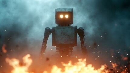 Wall Mural - A massive futuristic robot standing in the middle of a battlefield, surrounded by smoke and destruction
