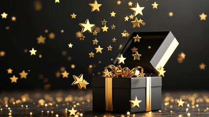 Poster - elegant black gift box with golden ribbon and stars floating above it, creating a festive and magica