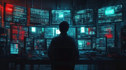 Poster - A person sits in front of multiple glowing screens filled with data, immersed in a high-tech environment that exudes a cyberpunk aesthetic.