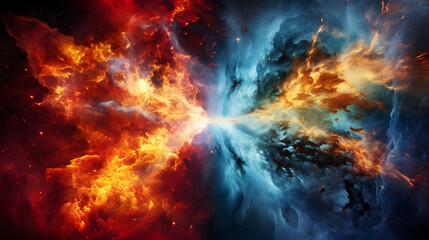 Poster - Stunning nebula with bright orange and blue colors creating a cosmic scene of stellar birth and formation in a digital simulation of planetary development.