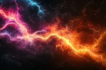 Wall Mural - abstract background with colorful lightning and starry sky, lightning in blue, orange, red, and purp
