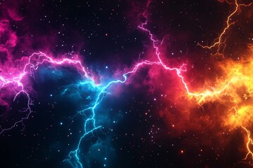 Wall Mural - abstract background with colorful lightning and starry sky, lightning in blue, orange, red, and purp