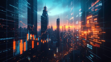 Poster - a futuristic cityscape with towering skyscrapers illuminated by digital displays, showcasing data an