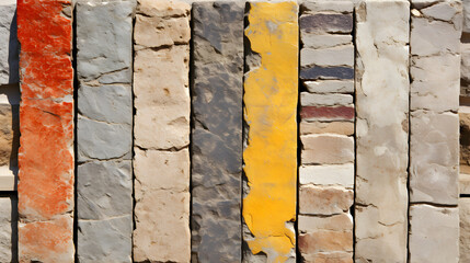 Poster - Intricate wall made of varied colored bricks highlighting layers in sunlight that reveal rich textures and architectural elements.