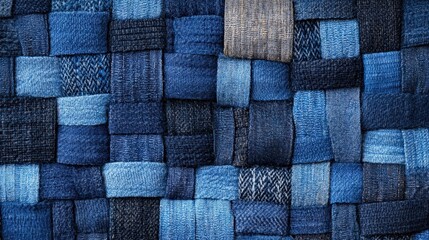 Poster - A close-up of a woven fabric patchwork in various shades of blue, showcasing different textures and patterns of denim, Denim Texture woven seamless.
