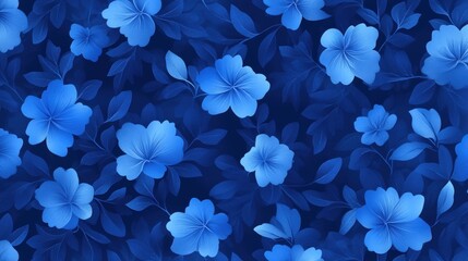 Aufkleber - A vibrant pattern of blue flowers and leaves against a dark background, creating a calming and artistic floral design, Denim Texture woven seamless.