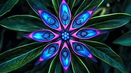 Poster - A star-shaped flower with blue and purple petals growing on green leaves