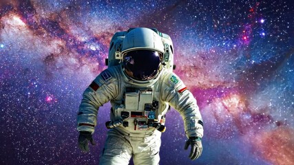 Wall Mural - astronaut in spacesuit floating against vibrant galaxy background. space explorer surrounded by star