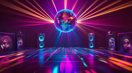 Poster - colorful disco ball and colorful speakers on dancefloor lit up with rays  of colored light