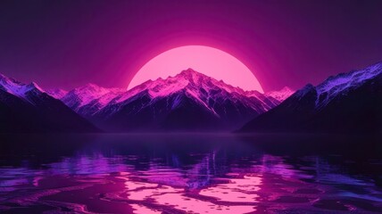 Wall Mural - A beautiful mountain range with a pink sun in the sky